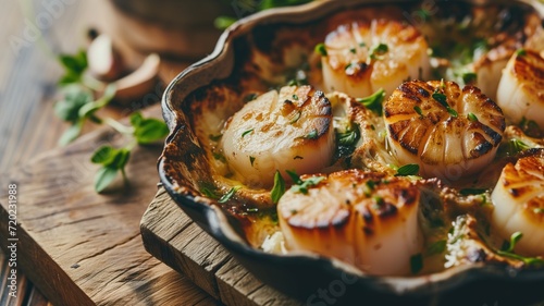 Pan-seared scallops in a rustic skillet with herbs