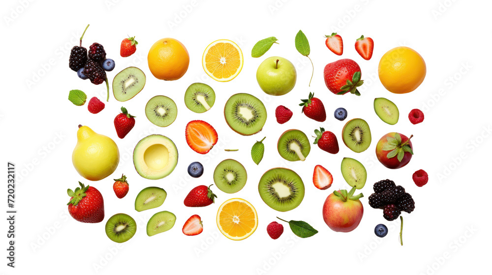 Flat lay. Plum, apple, strawberry, blueberry, papaya, pineapple, lemon, orange, lime, kiwi, melon, apricot, pitaya, isolated on transparent and white background.PNG image.