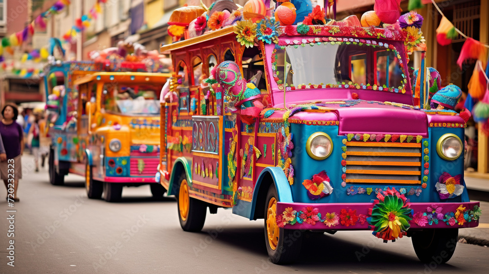 Carnival Vehicles: Colorful and decorated vehicles participating in a carnival parade