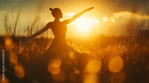 A woman embraces the beauty of nature, basking in the warm sunlight as she stands in a field with outstretched arms, silhouetted against the colorful backdrop of the sky