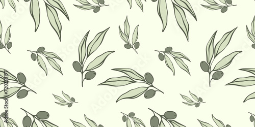 Seamless patterns with Olive Branch in Modern Minimal Liner Style. Vector Floral Backgrounds for Wedding invitations, greeting cards, print on fabric, wallpapers, scrapbooking, gift wrap and more