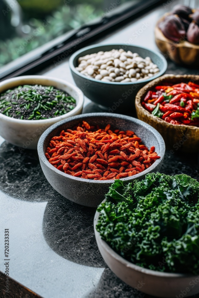 Bowls of superfoods including goji berries and beans displayed on a modern kitchen counter Bowls of superfoods including goji berries and beans displayed on a modern kitchen counter