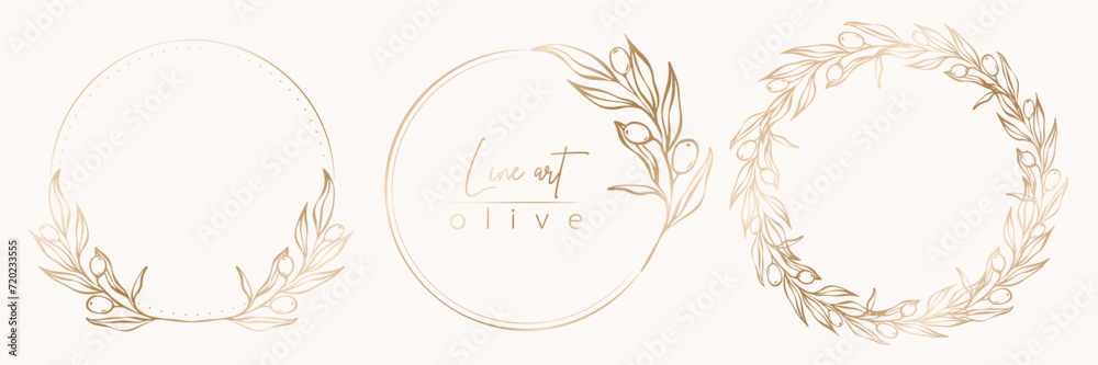 Botanical line illustration set of olive leaves, branch wreath for wedding invitation and cards, logo design, web, social media and posters template. Elegant minimal style floral vector isolated. Botanical line illustration set of olive leaves, branch wreath for wedding invitation and cards, logo design, web, social media and posters template. Elegant minimal style floral vector isolated.