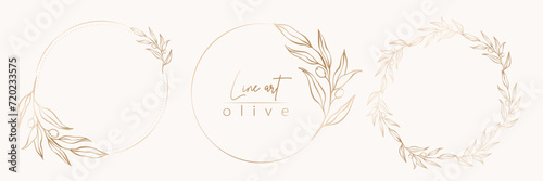 Botanical line illustration set of olive leaves  branch wreath for wedding invitation and cards  logo design  web  social media and posters template. Elegant minimal style floral vector isolated.