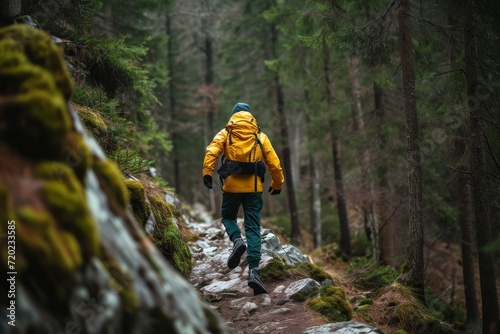 A lone hiker, donning a vibrant yellow jacket and sturdy hiking boots, stands amidst the towering conifers and ancient trees of an oldgrowth forest, their determined steps leading them down a rocky t