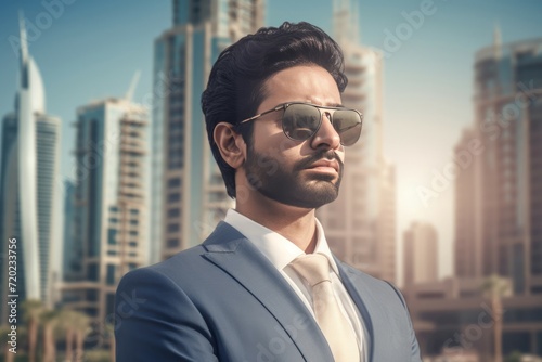 Real estate agent male on cityscape background. Building salesperson with sunglasses and formal wear. Generate ai
