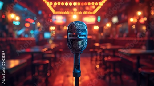 Microphone on stage in a retro club setting waiting for the next performer. empty venue with vibrant lights. atmospheric music concept. AI