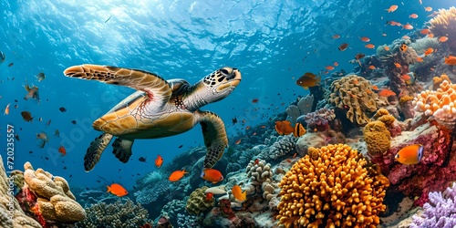 Vibrant underwater scene with swimming sea turtle. colorful coral reef and marine life. nature photography for wall art and stock. AI © Irina Ukrainets