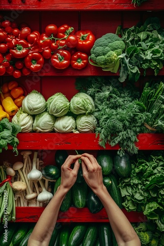 Hands organizing diverse vegetables on a vibrant red market shelf