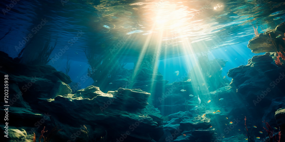 The sun's rays make their way to the seabed. Photorealistic image of the underwater world