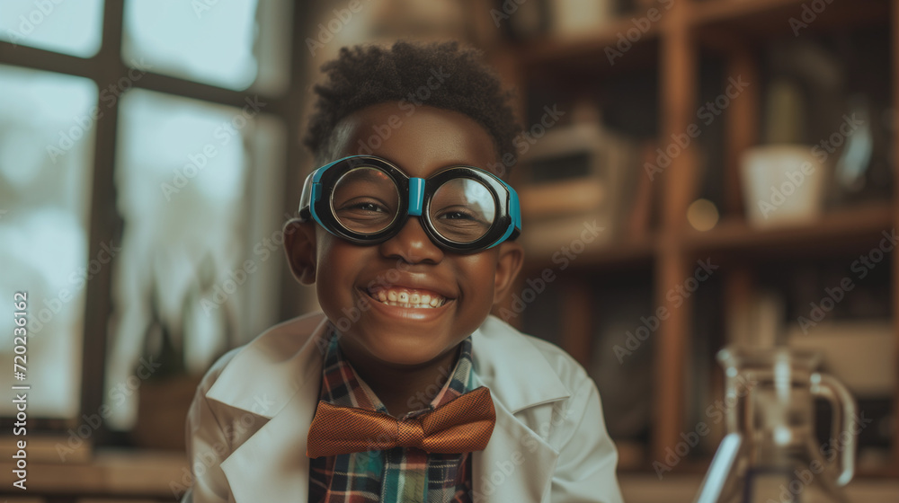 Young black child in fancy dress wearing a scientist doctor nutty professor costume for a children's party. AI generated