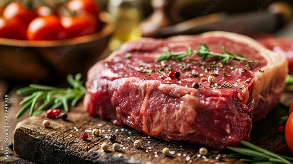 Fresh meat with ingredients for cooking on dark table. selective focus. Generative AI, Fresh meat with ingredients for cooking on dark table. selective focus. Generative AI,