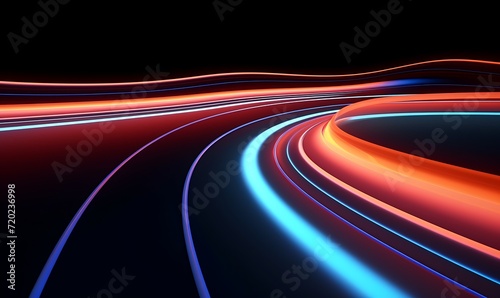 Abstract background of dynamic neon lines glowing in the dark, floor reflection. Generative Ai