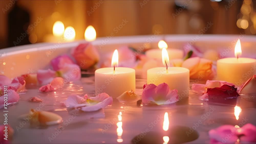 Closeup of a relaxing bubble bath, with lit candles and flower petals floating on the waters surface. Closeup of a relaxing bubble bath, with lit candles and flower petals floating on the waters surface.