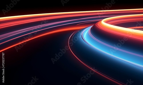 Abstract background of dynamic neon lines glowing in the dark, floor reflection. Generative Ai