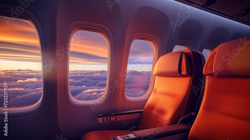  Airplane Cabin View with Sunset Over the Clouds photo