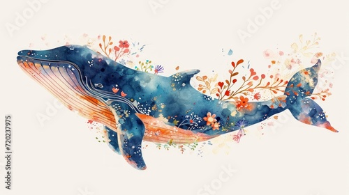 Cute whale watercolor illustration. Watercolor painting of whale with isolated background. Clip art composition of humpback whale with flowers.