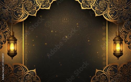 eid mubarak greeting card background, gold paper and gold mandala with ramadam lantarn  photo