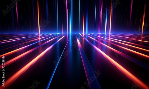 Abstract background of dynamic neon lines glowing in the dark  floor reflection. Generative Ai