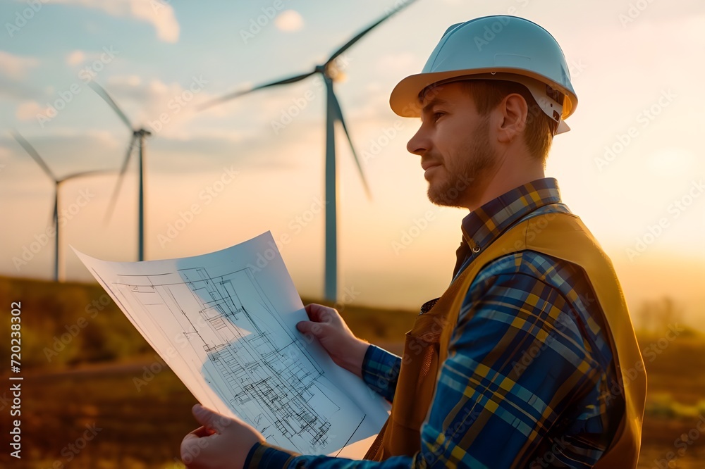 Portrait of a young male scientist with drawings against the background of a wind power plant. Portrait of a young male scientist with drawings against the background of a wind power plant.