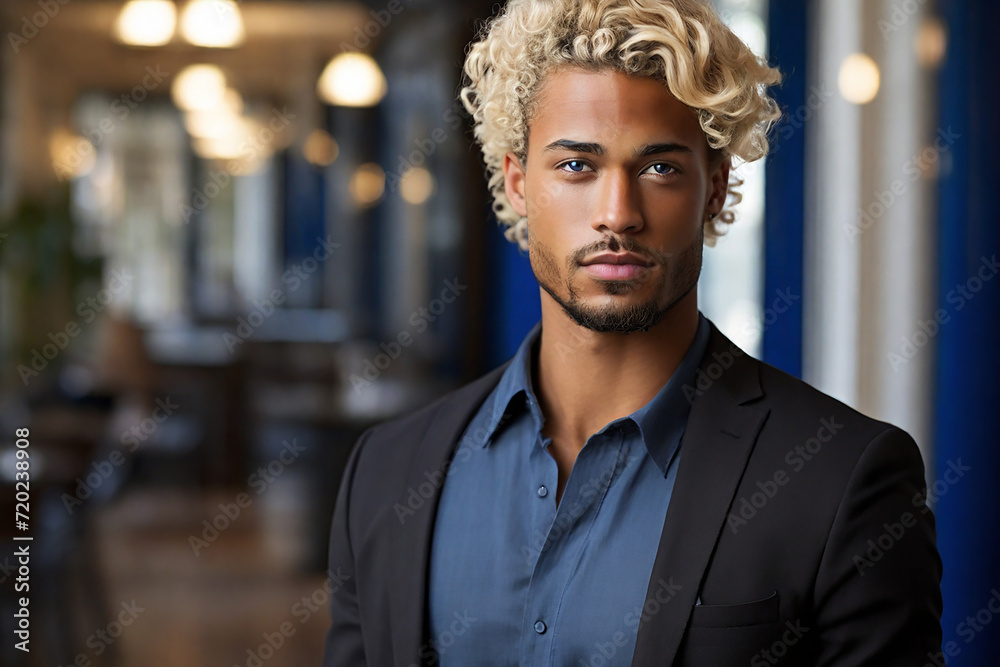 A handsome mixed-race man with striking blue eyes and blond hair, exuding confidence and elegance