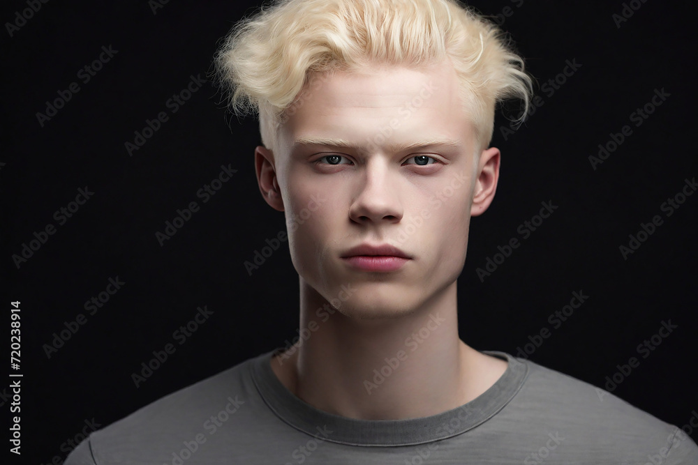 Portrait of a young albino man on a black background. Studio shot. Portrait of a young albino man on a black background. Studio shot.