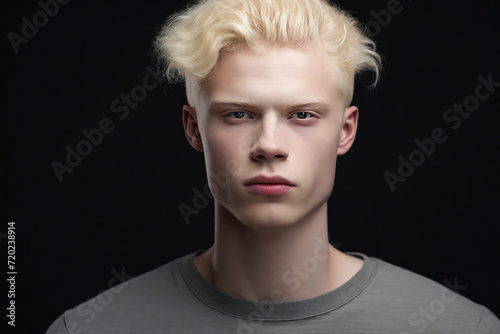 Portrait of a young albino man on a black background. Studio shot.