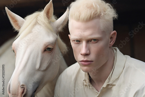 Handsome young albino man with white horse in stable