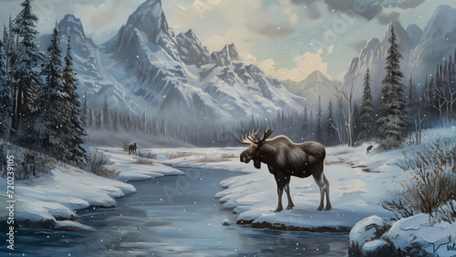 Winter Majesty: A Moose in the Snow-Capped Mountains © 대연 김