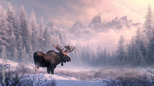 Winter Majesty: A Moose in the Snow-Capped Mountains