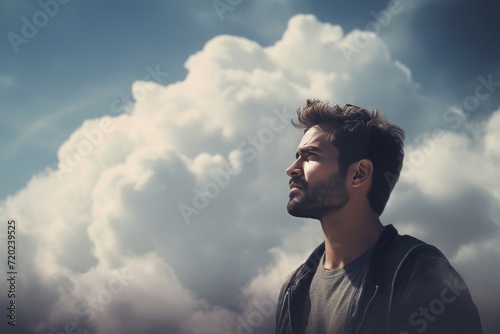 Guy looking away on white fluffy clouds background. Male reflective portrait on cloudy sky backdrop. Generate ai