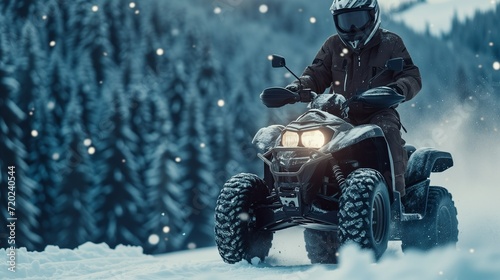 A man riding through the snow in winter on an ATV, a motorcycle ride on a four-wheeled bike © Vadim