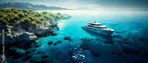 Luxury yacht or ship, motor boat on the sea. Yachting. view of seascape. Panoramic background. Generative ai © Inai