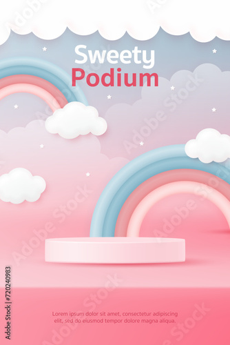 3D product display cylinder stand podium. Rainbow in blue sky background for Valentine day sale, kid banner, children day, social media template, discount sale promotion, voucher, post