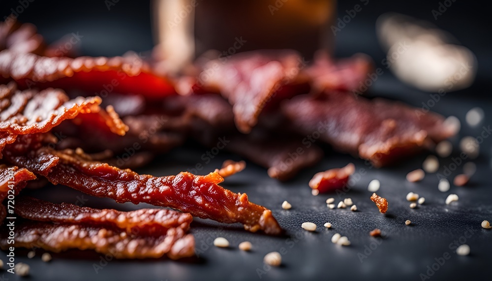 Chicken and beef jerky close-up. Tasty spicy jerky on a dark background, homemade beer snack.
