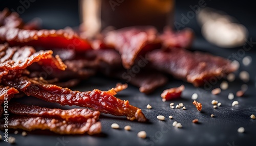 Chicken and beef jerky close-up. Tasty spicy jerky on a dark background, homemade beer snack.
 photo