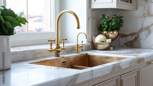 Luxury kitchen sink with a gold faucet and marble photo