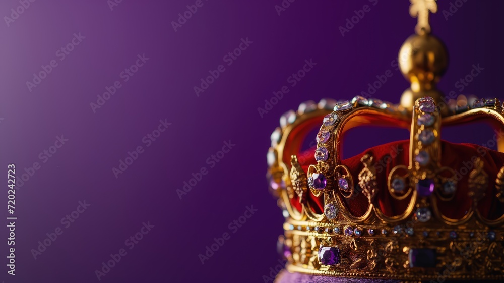 A majestic royal crown adorned with sparkling jewels against a deep purple background