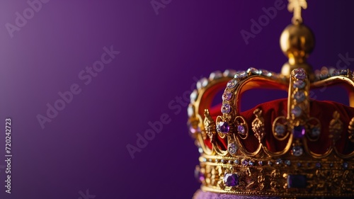 A majestic royal crown adorned with sparkling jewels against a deep purple background