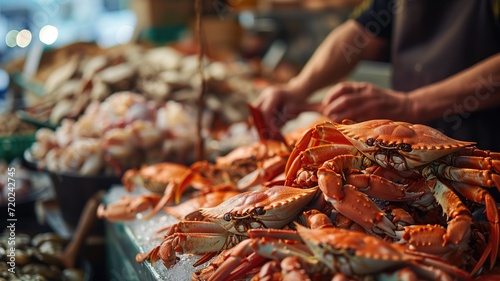 Fresh crabs on ice at a seafood market stall, busy background photo