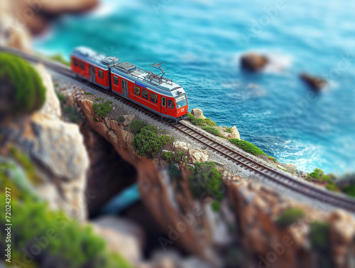 Capture the enchanting blend of coastal beauty and transportation with a tilt-shift image of a train near the sea © Miracle Arts