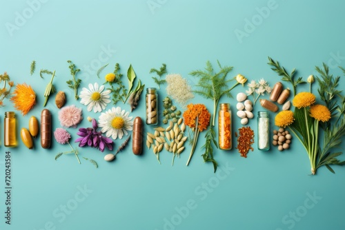 Herbal medicine and health care concept. Assortment of herbs, flowers and pills on blue background. The concept of pharmacology, maintaining health through medicinal herbs and supplements photo