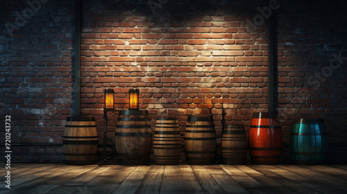 wooden beer barrels against a brick wall lit by lights on the wall, public house cellar concept photo