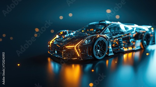 A model of a car assembled from glowing lines photo