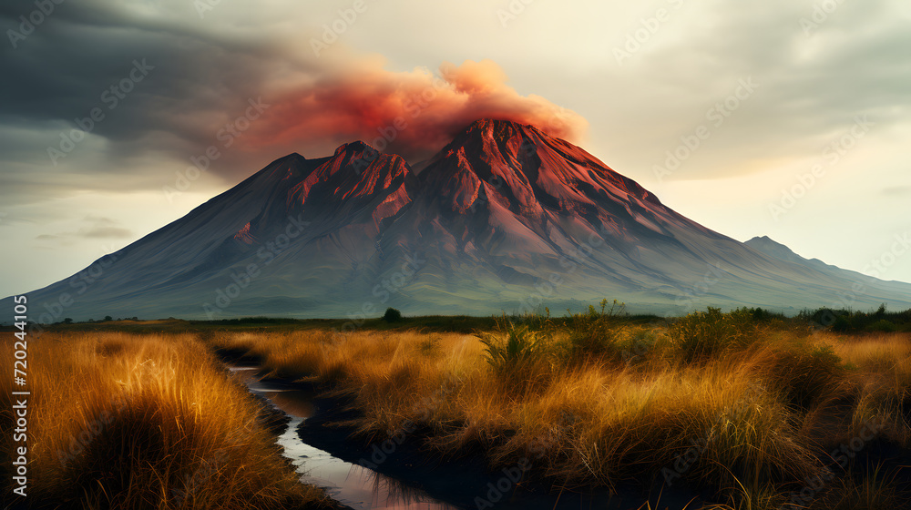 Volcano mountain eruption lava, danger explosion crater.