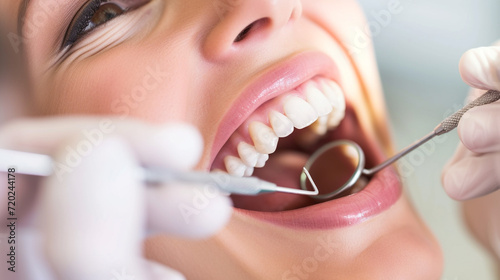 patient open mouth before oral inspection with hook and mirror, dental, tooth hygene concept photo