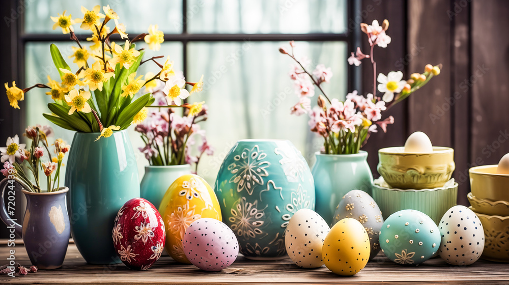 Wielkanocna dekoracja na drewnianym stole - obrazy, fototapety, plakaty 
