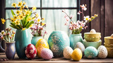 Wielkanocna dekoracja na drewnianym stole