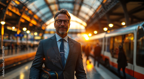 Close up, hipster businessman waiting at the train station photo
