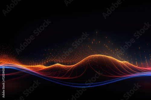 Abstract technology background with oscillating sound waves in dark blue, red, and yellow light.